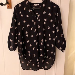 Lush blouse, black with flowers details, three-quarter sleeve